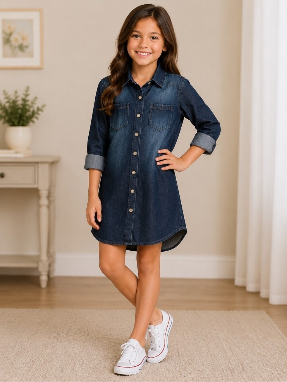 ROEBUCK & CO Girls Button Up Jean Shirt Dress 8